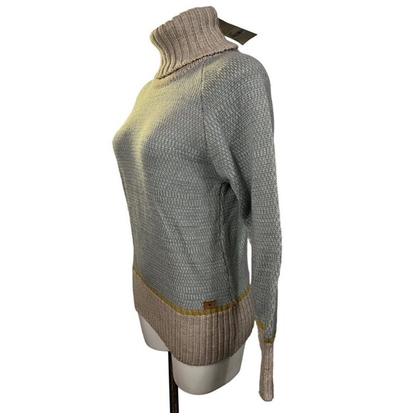 NWT Fuza Wool Hilda Handmade Chunky Knit Turtleneck Sweater Size M Blue Beige - Picture 2 of 10